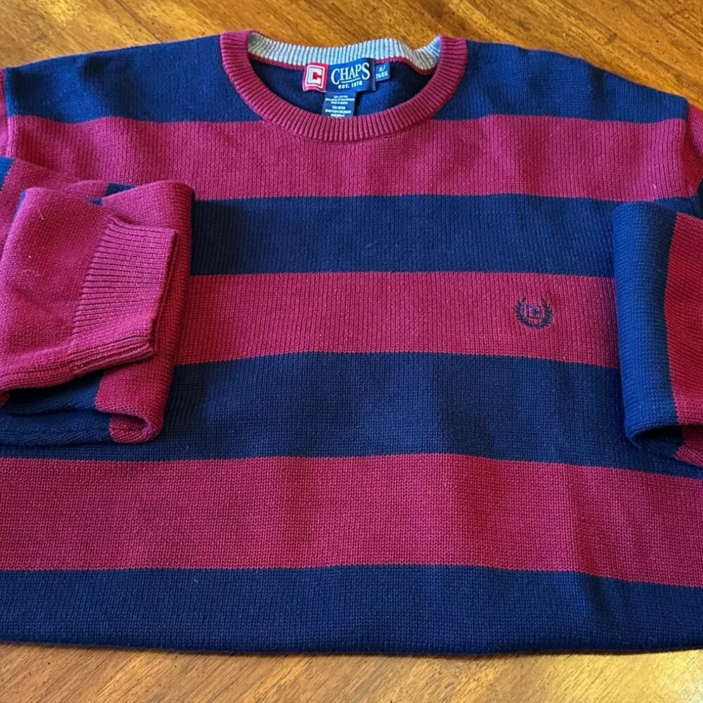 Chaps RL Mens XL Burgundy & Navy Crewneck Striped Sweater Cotton Preppy - Picture 5 of 9